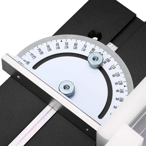 Close-up of the scale on the Professional Grade Aluminum Router Table Insert Plate With Precision Mounting Rings For Hardcore Diy Woodworking Benches.