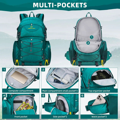 Image showing 40L Waterproof Hiking Backpack For Outdoor Adventures Go To Ultra Lightweight Daypack with multiple compartments and pockets.