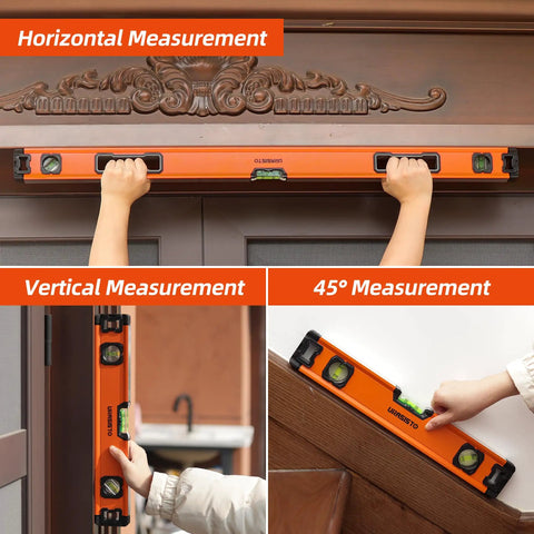 Heavy Duty 12 20 40 Inch Spirit Level Set Featuring A Magnetic Torpedo Pro Grade Aluminum Build dead on accuracy bubbles for flawless mounts and tough construction sites, showing horizontal, vertical, and 45-degree measurements.