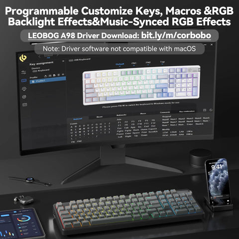 Top Shelf Triple Mode Wireless Gaming Mechanical Keyboard With Full Number Pad And Slick Volume Knob Seamless Bluetooth And Usb C Wired Flex For Pro Gamers, showing RGB backlight and macro settings on monitor.