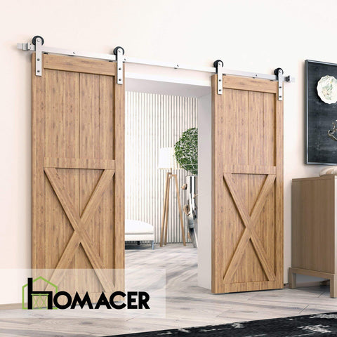 Brushed Nickel Non-Bypass Sliding Barn Door Hardware Kit For Two Doors, 20 Ft Flat Track With Straight Rollers, Heavy Duty Interior Use Only, Doors Not Included