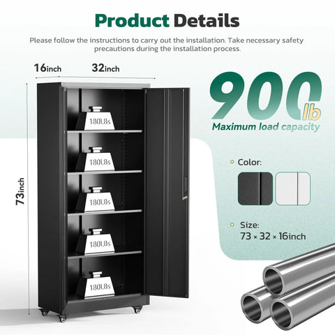 73 Inch Rolling Storage Cabinet With Locking Doors And Four Adjustable Shelves, shown in open view displaying steel material.