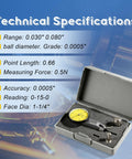 Front view of dial test indicator kit with yellow dial in foam-lined gray case and accessories