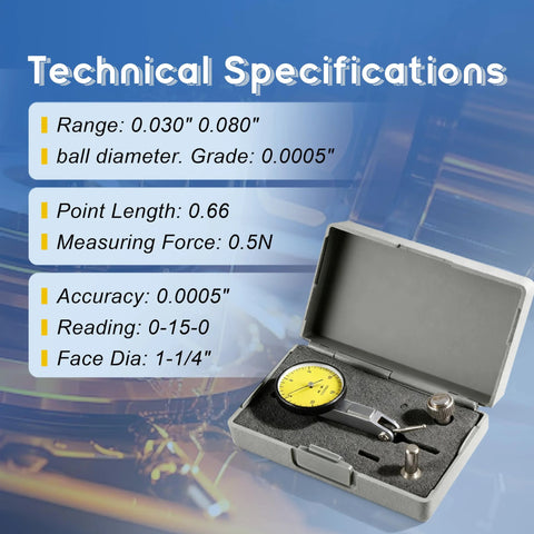 Front view of dial test indicator kit with yellow dial in foam-lined gray case and accessories