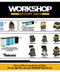 Beast Of A 12 Gallon Wet Dry Shop Vacuum With 5.0 Peak HP filter and accessory compatibility chart