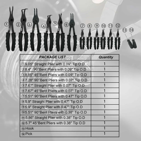 14 Piece Snap Ring Pliers Set With Internal And External Circlips Pliers Including 45 Degree Bent 90 Degree Bent And Straight Pliers
