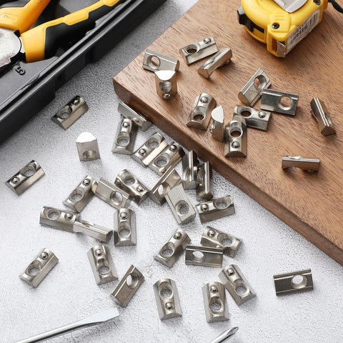 M5 T-nuts, half-roll style, silver carbon steel, 100 pcs for aluminum extrusion profiles.