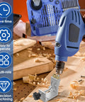 Hand using Pocket Hole Jig Kit For DIY Carpentry Pro Grade 15 Degree Angle Guide with drill on wooden plank beside toolkit