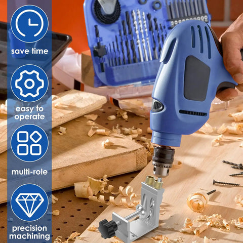 Hand using Pocket Hole Jig Kit For DIY Carpentry Pro Grade 15 Degree Angle Guide with drill on wooden plank beside toolkit