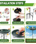 Sun Powered Metal Bird Bath With Fountains For Hummingbirds Stable 5 Prong Base Stake Outdoor Lawn Patio Garden Decor No Wiring Or Batteries Solar Fountain Starts In Seconds In Direct Sunlight Adds Charm And Attracts Wildlife To Your Yard Lit installation steps illustrated with six panels