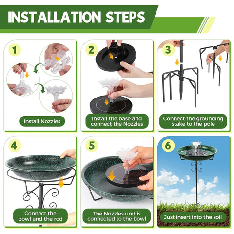 Sun Powered Metal Bird Bath With Fountains For Hummingbirds Stable 5 Prong Base Stake Outdoor Lawn Patio Garden Decor No Wiring Or Batteries Solar Fountain Starts In Seconds In Direct Sunlight Adds Charm And Attracts Wildlife To Your Yard Lit installation steps illustrated with six panels