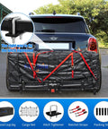 Foldable Hitch Mount Cargo Carrier Basket With 60 Inch Long By 21.5 Inch Wide By 6 Inch High Frame, 500 Lbs Hauling Capacity, attached to car