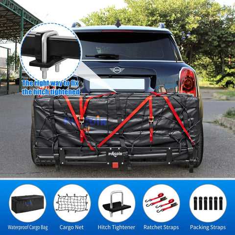 Foldable Hitch Mount Cargo Carrier Basket With 60 Inch Long By 21.5 Inch Wide By 6 Inch High Frame, 500 Lbs Hauling Capacity, attached to car