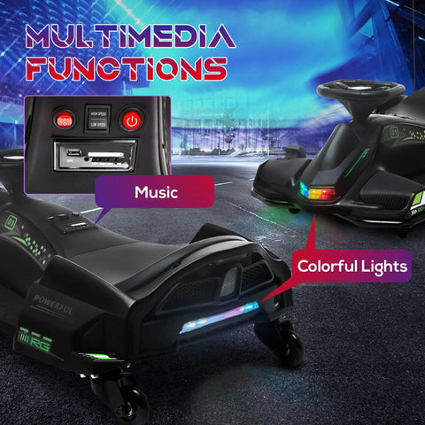 12V Electric Kids Go Kart Drift Car with colorful lights and music control, safe outdoor ride-on toy for ages 8 to 12