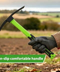 All Purpose 16.9 Inch Double Sided Pick Axe For Digging And Landscaping Tough As Nails Mattock With Non Slip Handle held in garden