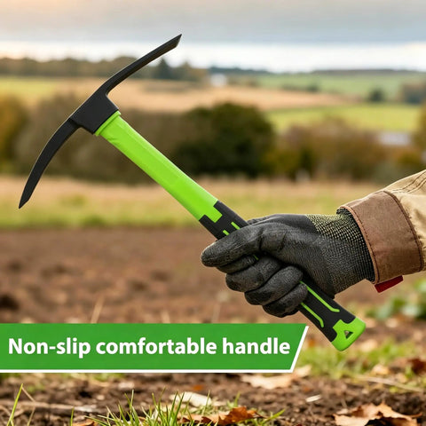 All Purpose 16.9 Inch Double Sided Pick Axe For Digging And Landscaping Tough As Nails Mattock With Non Slip Handle held in garden