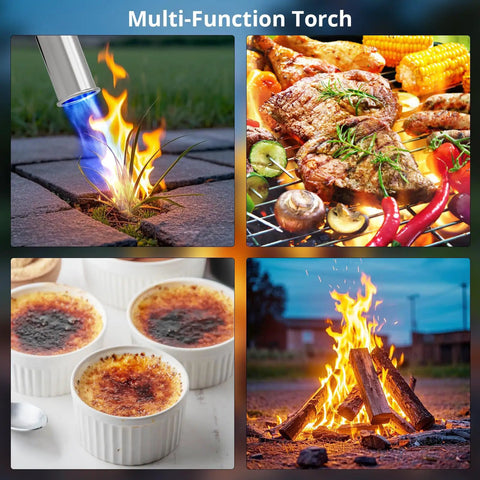 Powerful Propane Torch For Grillin And Cookin, Grilling Steak, Searing, Sous Vide, Welding, And Wood Burning, Adjustable Flame, Easy Start Campfire Starter in use for various cooking and outdoor tasks.