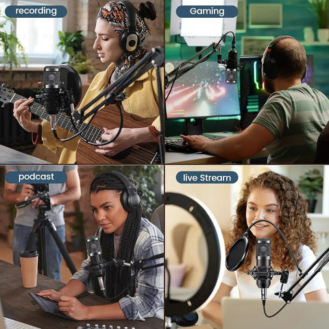 Two Premium Metal Microphones Podcast Studio Bundle With Boom Arms, V8 Audio Interface, for various content creation activities.
