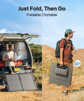 Man with 100W Foldable Solar Panel For Solar Generator And Camping Gear With Adjustable Kickstands outdoors