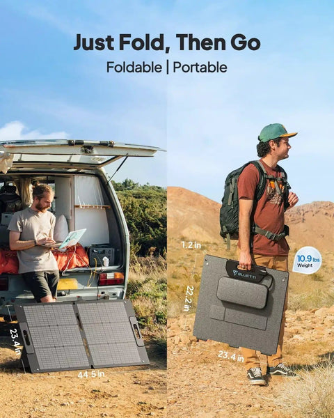 Man with 100W Foldable Solar Panel For Solar Generator And Camping Gear With Adjustable Kickstands outdoors