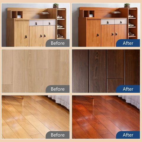 Redwood Wood Stain And Sealer In One, 1 Gallon Heavy Duty Finish before and after furniture and floor transformation.