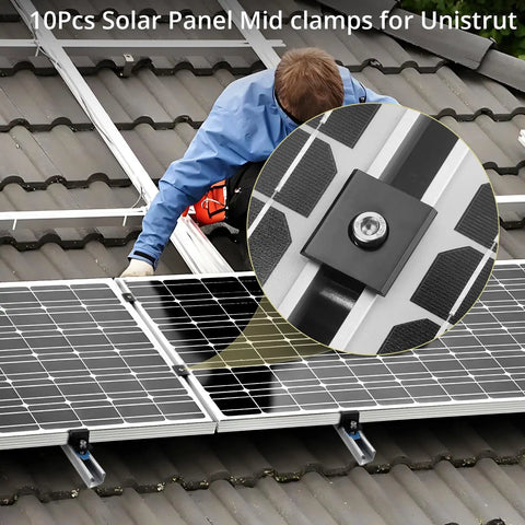Rock Solid 10 Pack Solar Panel Mid Clamps For Unistrut Rail Tracks 40Mm Aluminum Hardware in use on rooftop installation.
