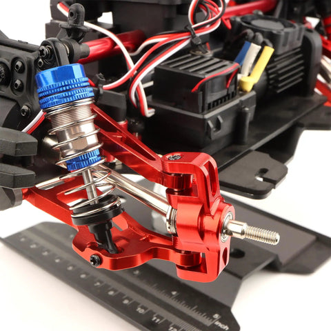 Beefed Up Front Aluminum Suspension Arms And Front Steering Block Upgrade Kit in red for 1/14 scale RC cars and trucks