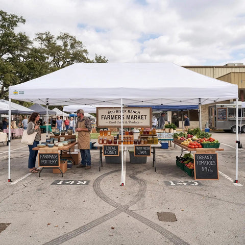 Pop Up Canopy Tent 10x20 Instant Outdoor Shelter For Parties And Weddings with vendor tables at farmer's market.