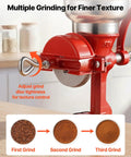 Manual Grain Mill With Low Hopper Hand Crank Cast Iron Grinder For Wheat Grains Spices Coffee Beans And Nuts Heavy Duty Table Clamp Dust Cover Non Electric Milling For Fresh Flavor At Home showing multiple grind settings.