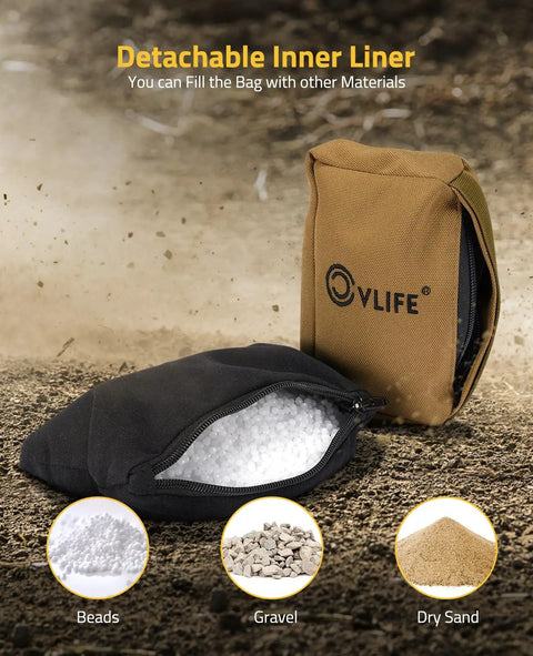 Beefy 1000 Denier Shooting Rest Bag with detachable liner, displayed with filling options like beads, gravel, and dry sand