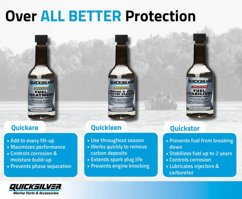 Three Quicksilver bottles, including Engine And Fuel System Cleaner For Gas And Ethanol Blends Cleans Injectors Carburetors