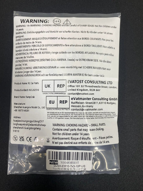 Warning label packaging for Ten Millimeter Drive Shaft Extenders for SCX24 and FCX24 One Twenty Fourth RC Crawler Upgrade Pack of Ten Hardened Steel Black Finish With Screws Included Boost Your Wheelbase