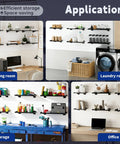 Collage of four rooms with Beefy Heavy Duty Slatwall Shelf 16x12 Inch Steel Storage Rack For Garage And Workshop 2 Pack installed.