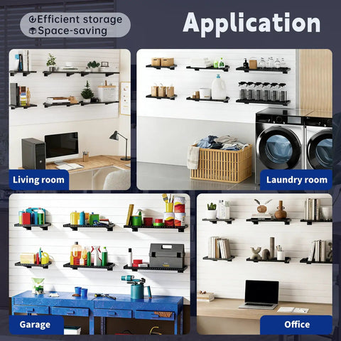 Collage of four rooms with Beefy Heavy Duty Slatwall Shelf 16x12 Inch Steel Storage Rack For Garage And Workshop 2 Pack installed.