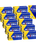 Heavy Duty 9V Batteries 10 Pack Carbon Zinc Power Cells For Smoke Detectors And Home Safety Alarms stacked together.
