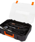 WEN 23103 1-Amp variable-speed rotary tool with flex shaft inside a black carrying case with orange latches.