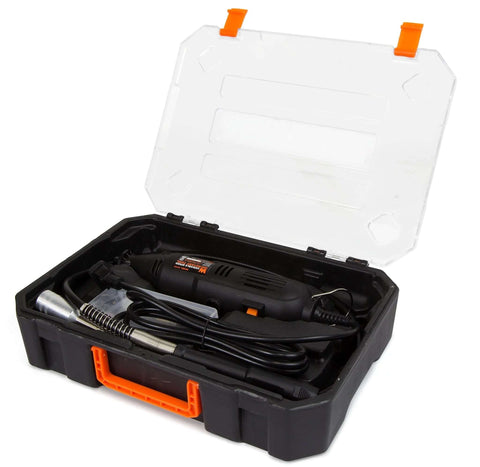 WEN 23103 1-Amp variable-speed rotary tool with flex shaft inside a black carrying case with orange latches.