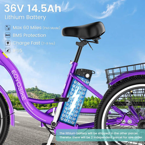 Three Wheel Electric Tricycle For Adults And Seniors, Stable E Trike With Low Step Through Frame, 24 Or 26 Inch Wheels, Easy On And Off For Shopping, Neighborhood Rides And Everyday Errands. purple frame battery close-up