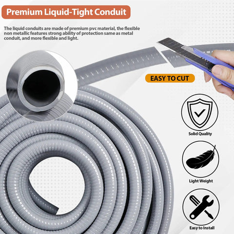 Half Inch Liquid Tight PVC Conduit Kit With 100 Feet, Ten Connectors, Five Straight And Five Ninety Degree Fittings, Grey, UL Certified
