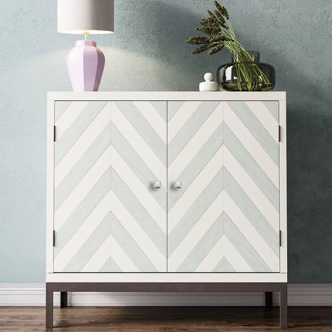 Sturdy Zinc Alloy Brushed Nickel Cabinet Knobs, 25 Pack, installed on geometric patterned cabinet with decor items on top.