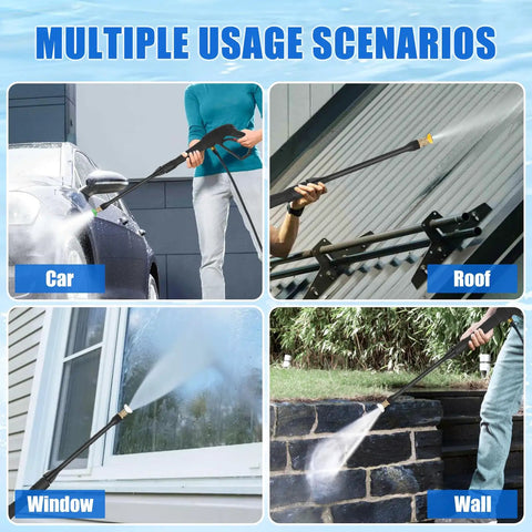All In One Pressure Washer Gun Kit With Universal M22 Connectors 14MM And 15MM being used on car, roof, window, and wall surfaces