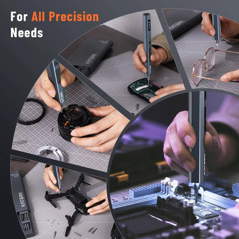 Close-up of Straight Up Dependable Cordless Electric Screwdriver Boasting Intuitive Torque Gauging And Bright Integrated Spotlight used for precision tasks.