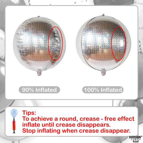 22 Inch Large Silver Disco Ball Foil Balloons Pack Of 6, Metallic Mylar Round Mirrors, inflation stages shown, lit glam vibe