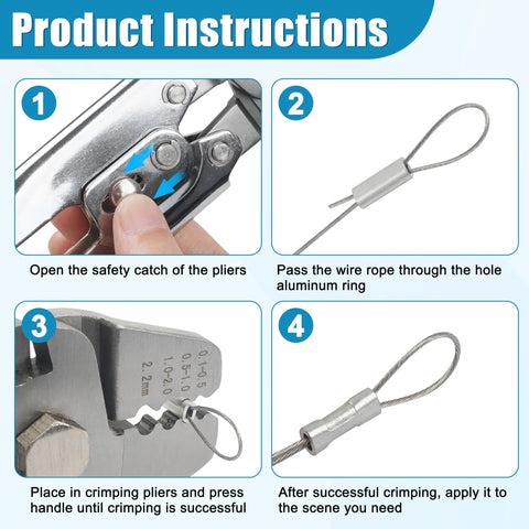 Steps for using Heavy Duty Fishing Crimping Tool Kit With Stainless Steel Pliers And 590 Crimp Sleeves Beads Set shown.