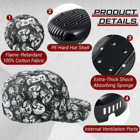 Baseball Style Safety Bump Cap With Skull Pattern Ultra Lightweight Breathable Head Protection Hard Cap details view