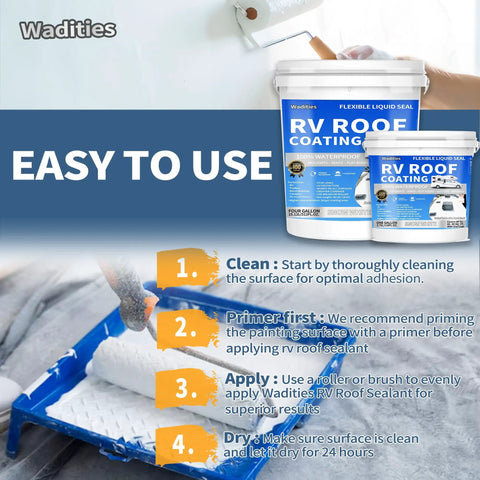 Flexible RV Roof Coating White Solar Reflective Sealant for Campers Trailers and Motorhomes, one gallon, in use with tools