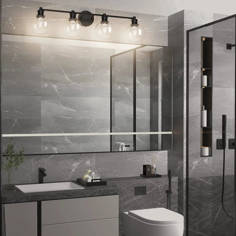 Four Light Matte Black Industrial Vanity Light Fixture Over Mirror With Clear Glass Globes, Farmhouse Bath Light