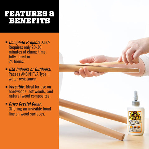 Image showing two hands applying Clear Wood Glue For Fast Strong Bonds Pack Of Two 4 Ounce Bottles Water Resistant For Indoor Or Outdoor Projects With Quick 20 To 30 Minute Clamp Time And Full Cure In 24 Hours on wood dowels next to a bottle.