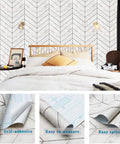 Bedroom wall with Peel And Stick Wood Wallpaper With Herringbone Pattern DIY Friendly Self Adhesive Removable, showcasing grey and white design.
