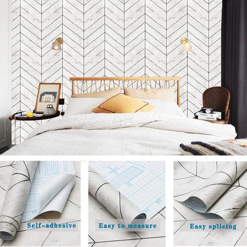 Bedroom wall with Peel And Stick Wood Wallpaper With Herringbone Pattern DIY Friendly Self Adhesive Removable, showcasing grey and white design.